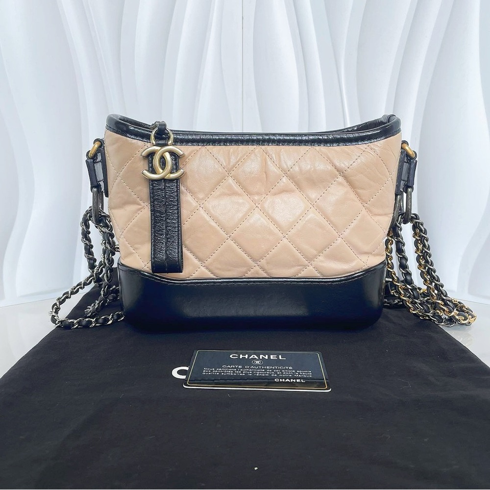 Chanel Small Gabrielle Hobo Bag Black Tan Beige Aged Calfskin Quilted Leather